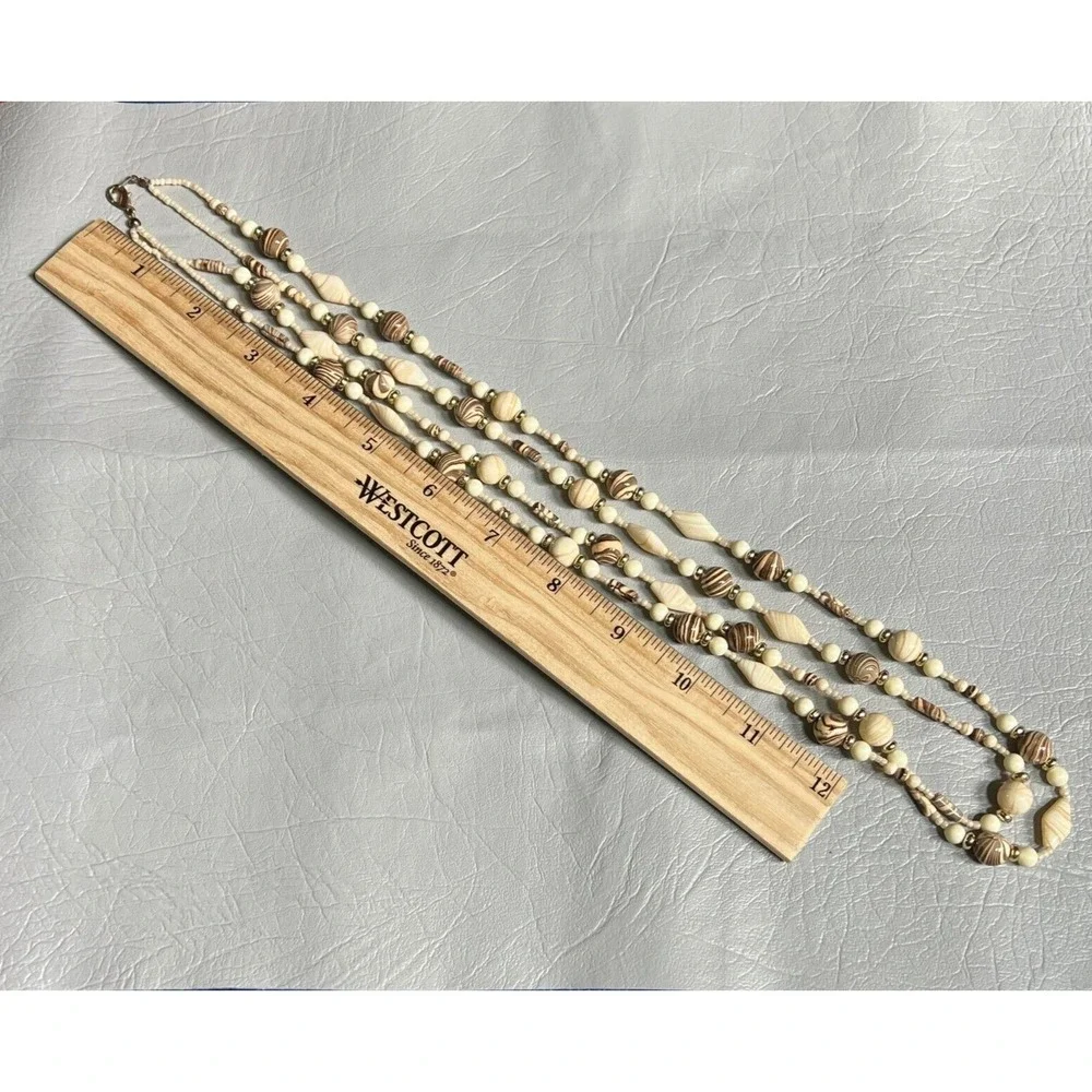 Vintage Cream Brown Necklace‎ Double Strand Marbled Glass Acrylic Beads